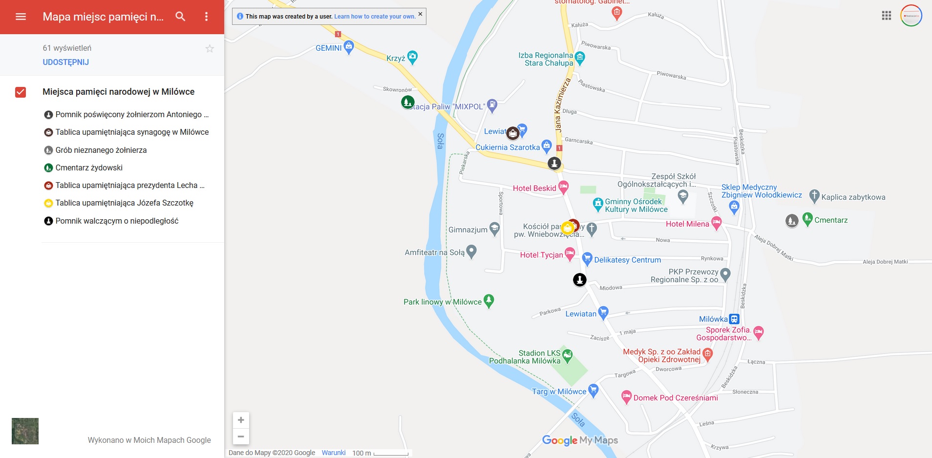Mapa miejsc pamięci narodowej w Milówce